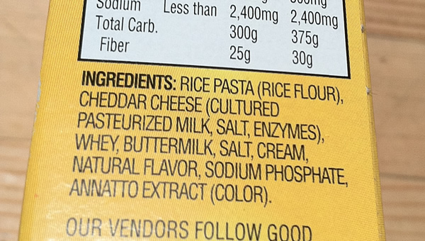 October Unprocessed 1: gluten-free mac and cheese ingredients