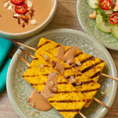 Tofu Satay with spicy peanut sauce and Thai cucumber salad