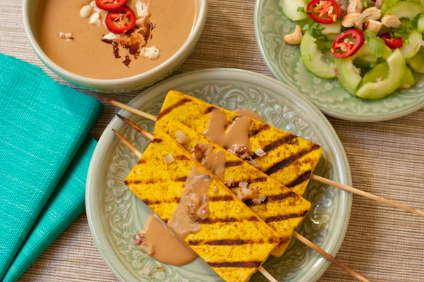 Tofu Satay with spicy peanut sauce and Thai cucumber salad