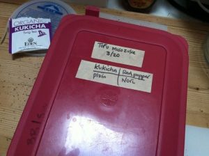 Top of the container of tofu misozuke, dated and labelled