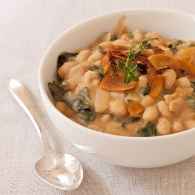 White Bean Kale Soup with Coconut Bacon