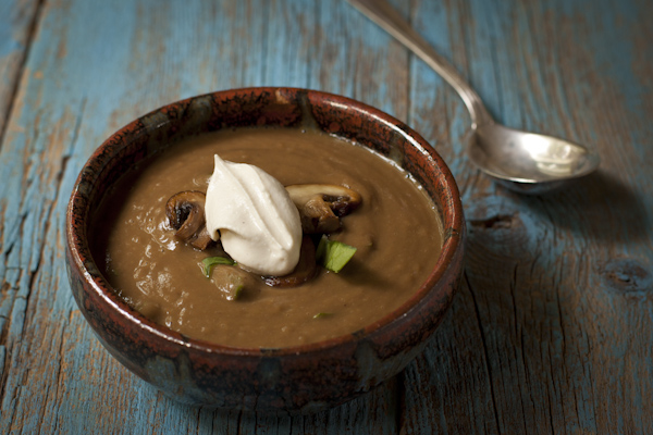 Creamy Spinach & Mushroom Soup with vegan creme fraiche