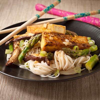 Miso Glazed Tofu with Asparagus and Rice Noodles | Recipe Renovator