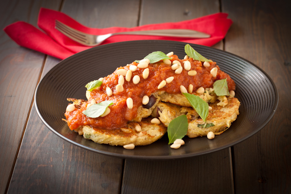 Spaghetti Squash Fritters with Hearty Tomato Sauce from Recipe Renovator | Gluten-free & Vegan