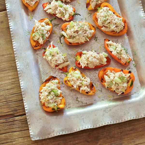 Crab stuffed bell peppers from Recipe Renovator. Super easy but fancy appetizer using fresh crab, dairy-free "cashew cream", and fresh herbs. Gluten-free, paleo, dairy-free.